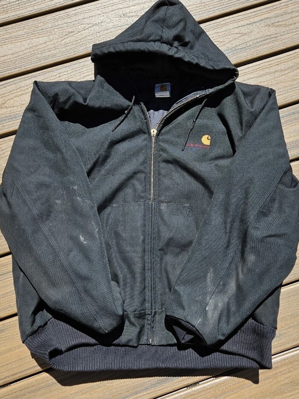 Carhartt Active Jacket Hooded Duck Canvas Black Quilted Lined Men's Size Large